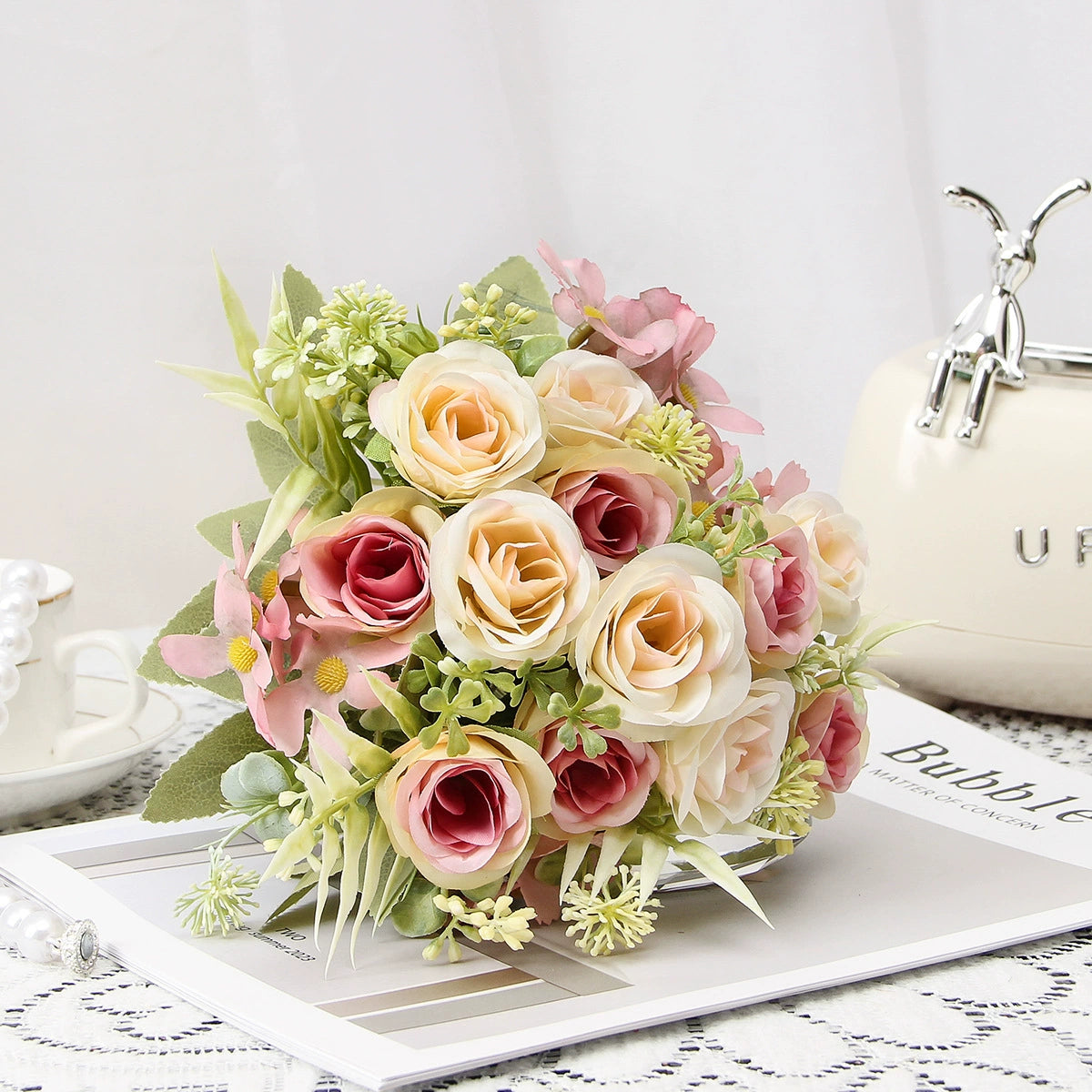 Künstliche Rosenstrauß, 31 cm hoch, 8 Blüten, Seidenstoff, für Hochzeiten, Hotels, Wohnräume, Außenbereich