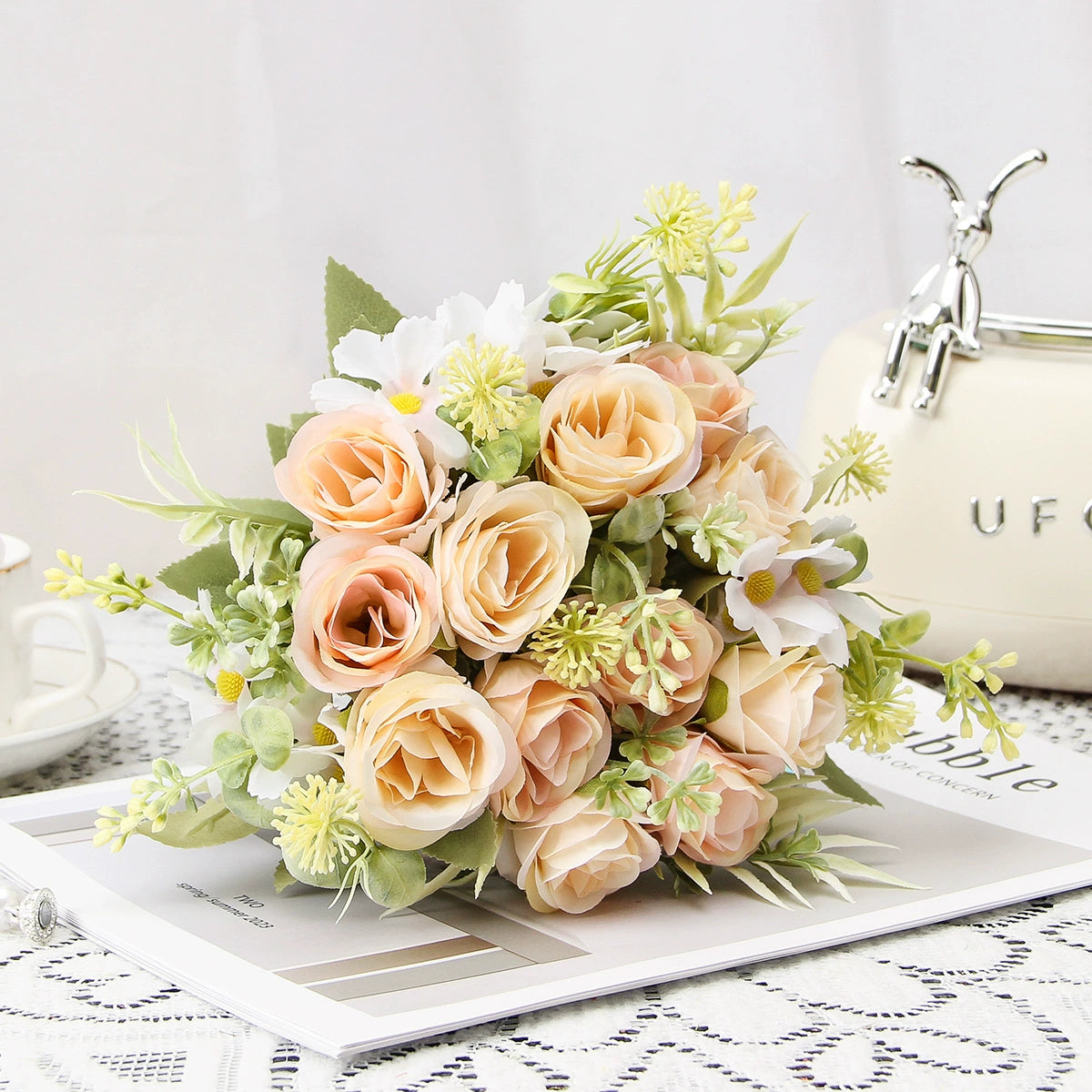 Künstliche Rosenstrauß, 31 cm hoch, 8 Blüten, Seidenstoff, für Hochzeiten, Hotels, Wohnräume, Außenbereich