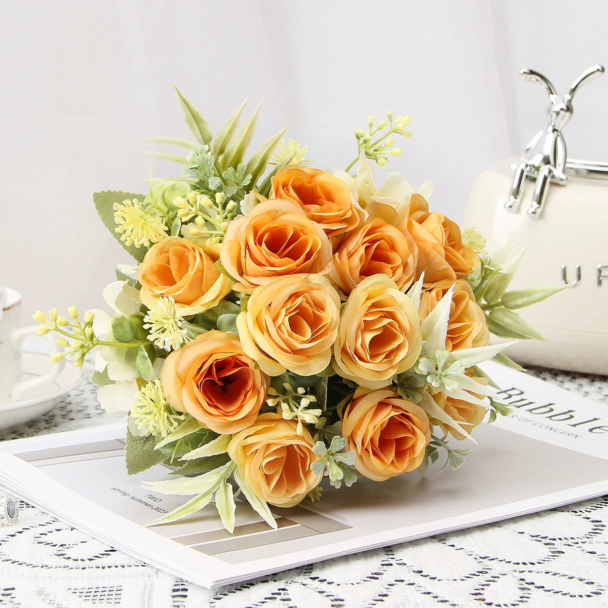 Künstliche Rosenstrauß, 31 cm hoch, 8 Blüten, Seidenstoff, für Hochzeiten, Hotels, Wohnräume, Außenbereich