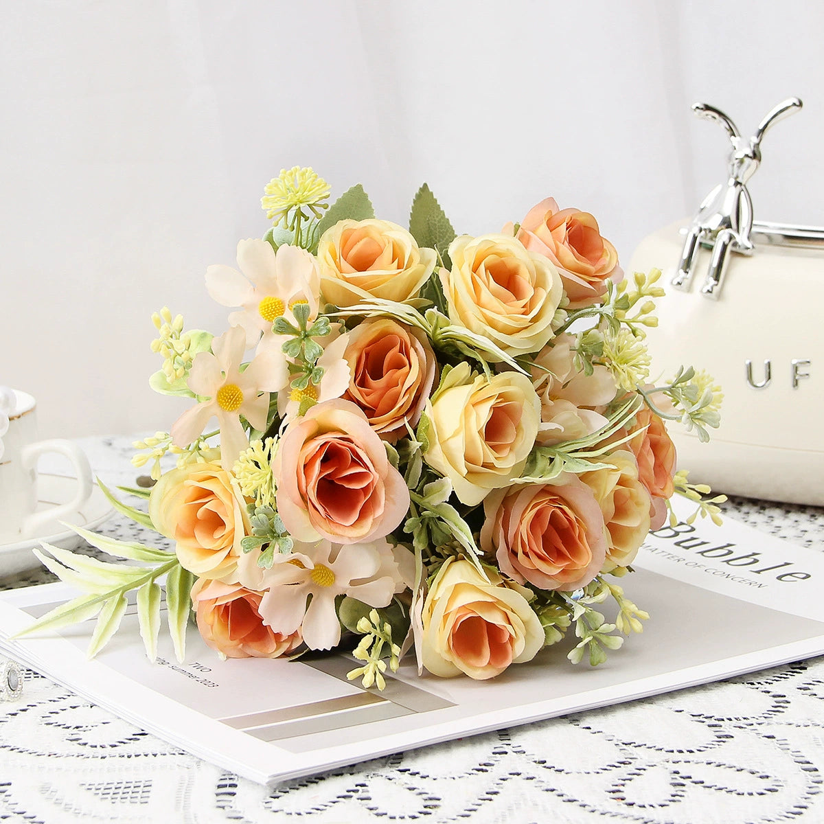 Künstliche Rosenstrauß, 31 cm hoch, 8 Blüten, Seidenstoff, für Hochzeiten, Hotels, Wohnräume, Außenbereich