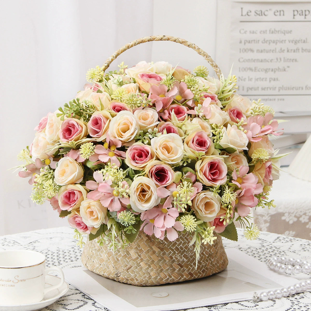 Künstliche Rosenstrauß, 31 cm hoch, 8 Blüten, Seidenstoff, für Hochzeiten, Hotels, Wohnräume, Außenbereich
