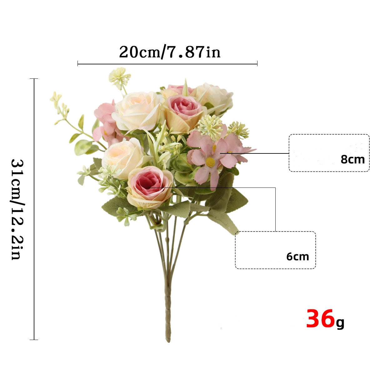 Künstliche Rosenstrauß, 31 cm hoch, 8 Blüten, Seidenstoff, für Hochzeiten, Hotels, Wohnräume, Außenbereich