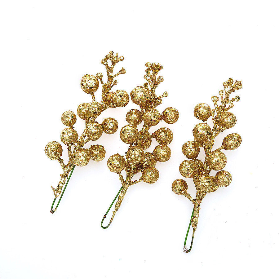 Weihnachts-Deko: 3x künstliche Kirschzweige mit Goldstaub, 20 cm, realistische Optik, Festtagsdekoration, Innenbereich