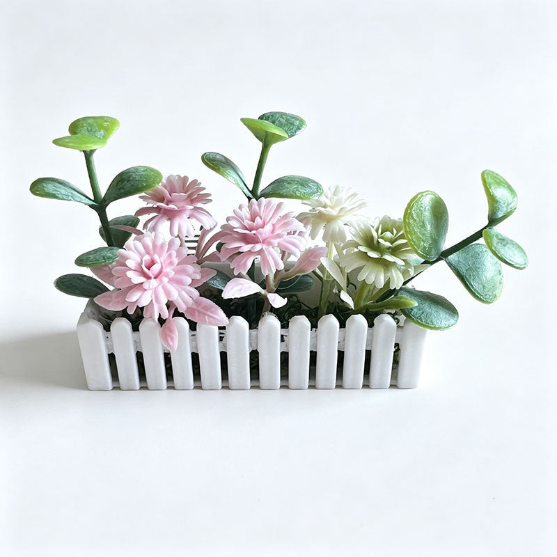 Miniatur-Gartenzaun mit künstlichen Blumen, 6 cm, Plastik, weiß, für Modellbau und Dioramen
