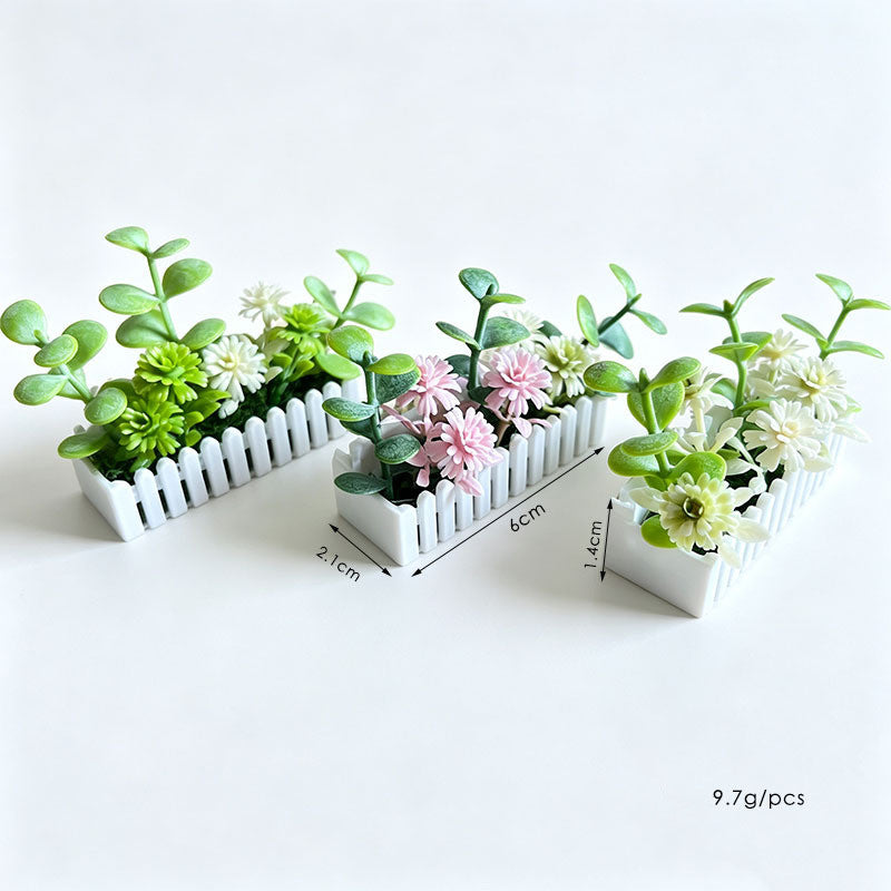 Miniatur-Gartenzaun mit künstlichen Blumen, 6 cm, Plastik, weiß, für Modellbau und Dioramen