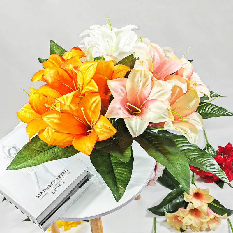 Künstliche Lilienblüten, 32 cm hoch, 5 Blüten, 12 cm Durchmesser, Seidenstoff, für Zuhause, Büro, Hochzeiten, Dekoration