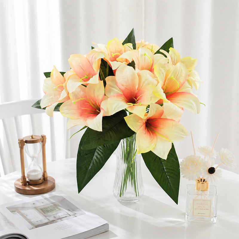 Künstliche Lilienblüten, 32 cm hoch, 5 Blüten, 12 cm Durchmesser, Seidenstoff, für Zuhause, Büro, Hochzeiten, Dekoration