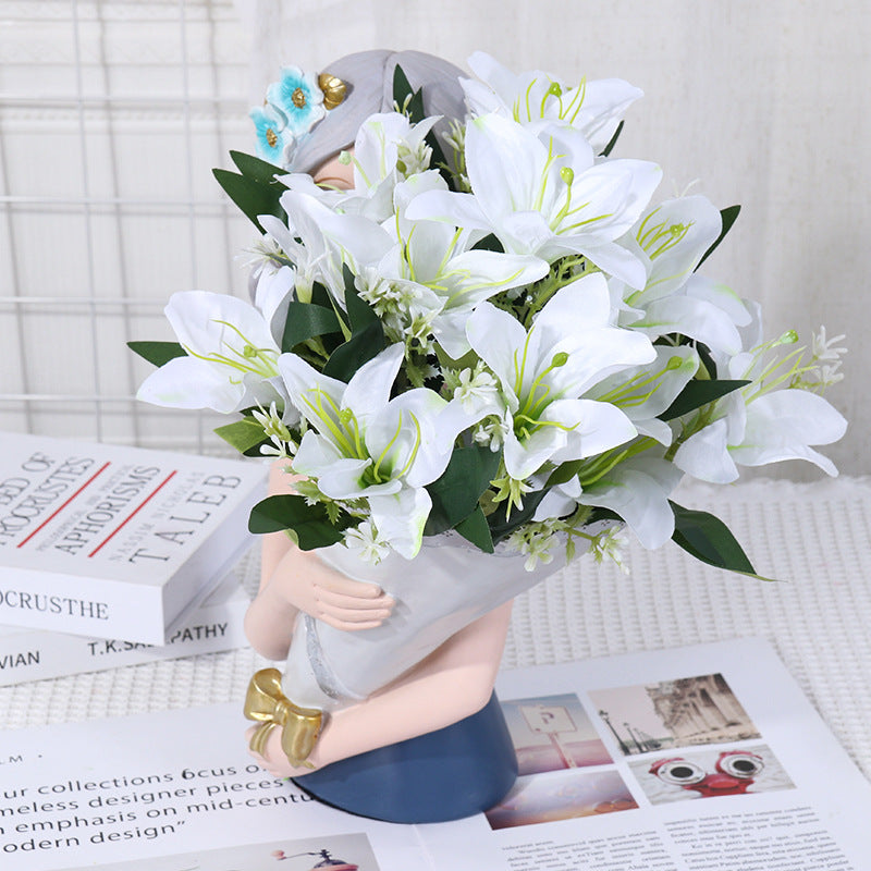 7-köpfige Seidenlilien-Blumenstrauß, 35 cm hoch, realistisch, für Hochzeit, Dekoration, Innenraum, künstliche Blumen ohne Vase