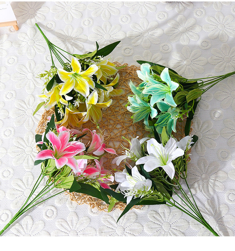 7-köpfige Seidenlilien-Blumenstrauß, 35 cm hoch, realistisch, für Hochzeit, Dekoration, Innenraum, künstliche Blumen ohne Vase