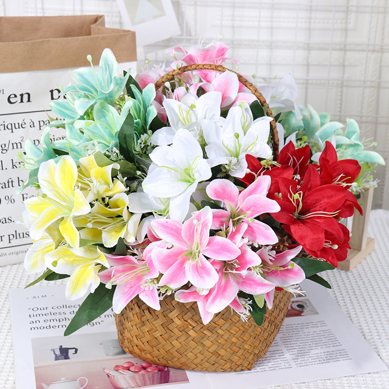 7-köpfige Seidenlilien-Blumenstrauß, 35 cm hoch, realistisch, für Hochzeit, Dekoration, Innenraum, künstliche Blumen ohne Vase