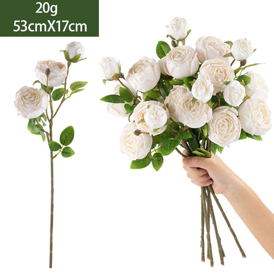 Kunstblumen Rosenstrauß Seidenblumen Kaiserin Rosa mit 3 Blüten 53 cm, realistische Deko für Hochzeit, Trauerfeier, Shop-Deko, Innenraum