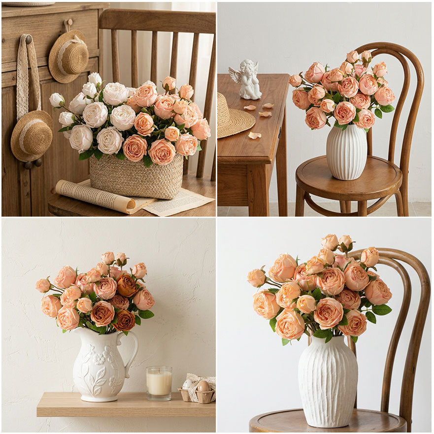 Kunstblumen Rosenstrauß Seidenblumen Kaiserin Rosa mit 3 Blüten 53 cm, realistische Deko für Hochzeit, Trauerfeier, Shop-Deko, Innenraum