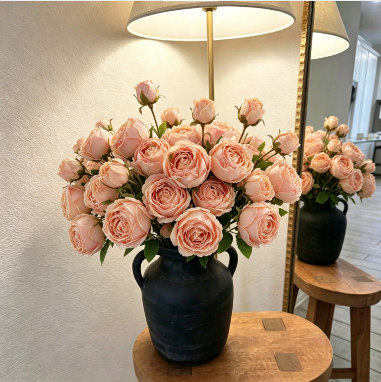 Kunstblumen Rosenstrauß Seidenblumen Kaiserin Rosa mit 3 Blüten 53 cm, realistische Deko für Hochzeit, Trauerfeier, Shop-Deko, Innenraum