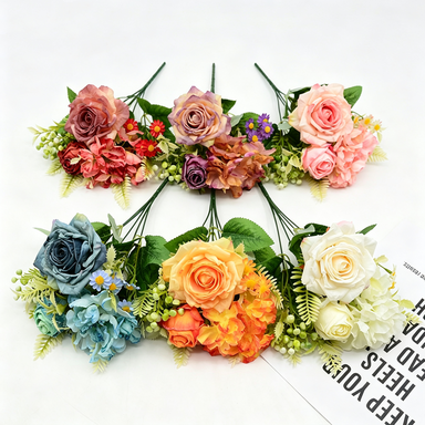 Künstliche Rosen, Schneerosen, Hortensien und Kamillenblüten, 31 cm, Retro-Stil, für Hochzeiten und Zuhause