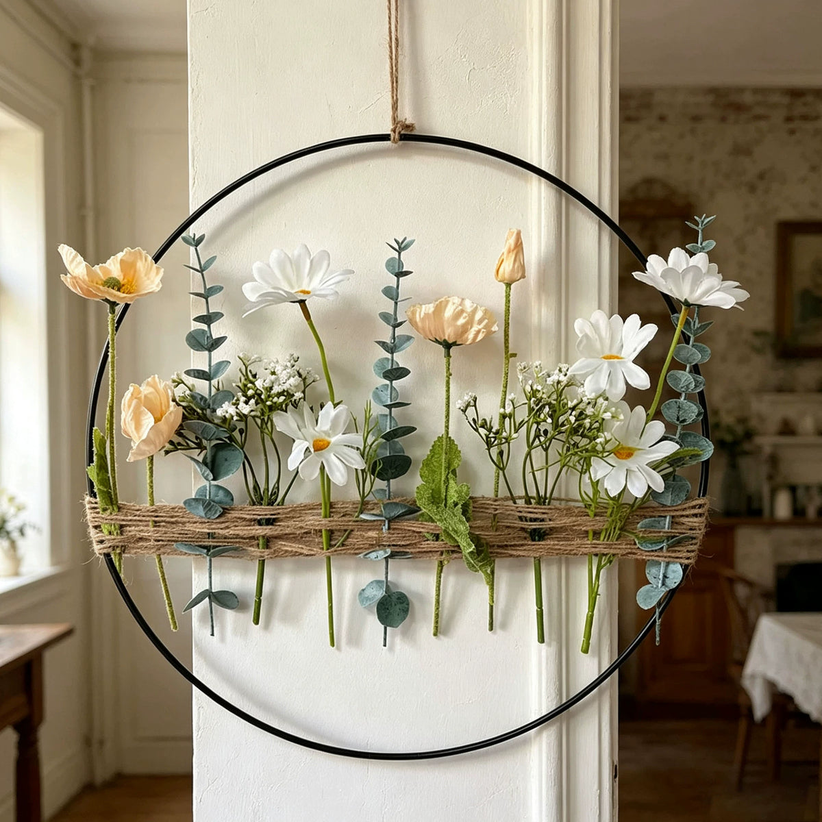Künstlicher Blumenkranz 40x40 cm, Eukalyptus, Kornblume, Gänseblümchen, Wanddekoration für Hochzeit, Party, Shop, Innenraum