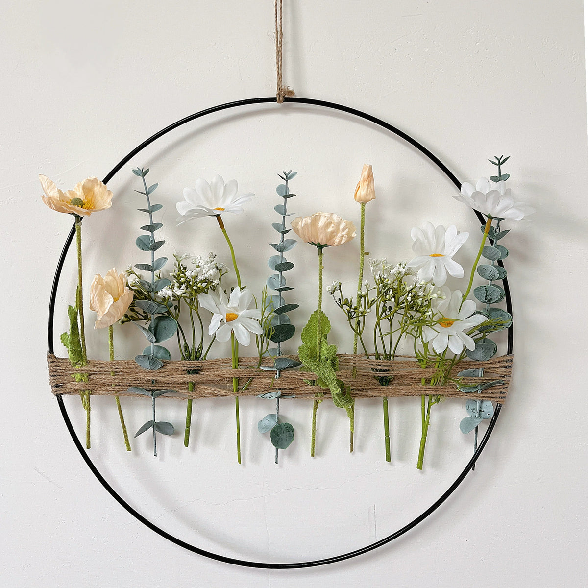 Künstlicher Blumenkranz 40x40 cm, Eukalyptus, Kornblume, Gänseblümchen, Wanddekoration für Hochzeit, Party, Shop, Innenraum