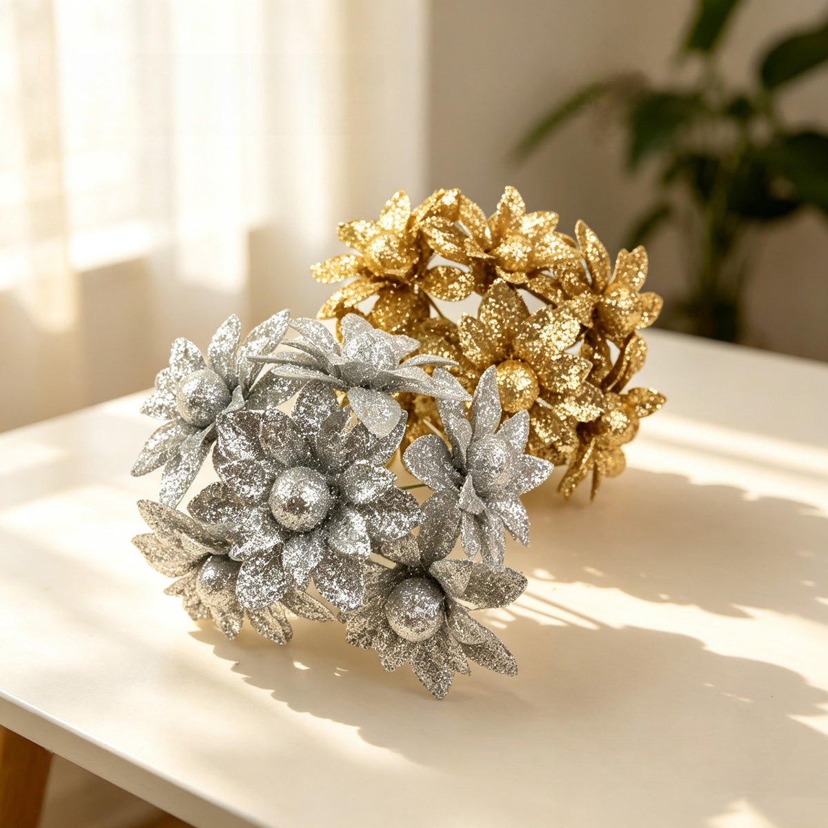 Künstliche Wildblumen Köpfe, 60 Stück, 5cm, gold & silber, Schaumstoff, Hochzeit Dekoration, Schaufenster, Floristik DIY