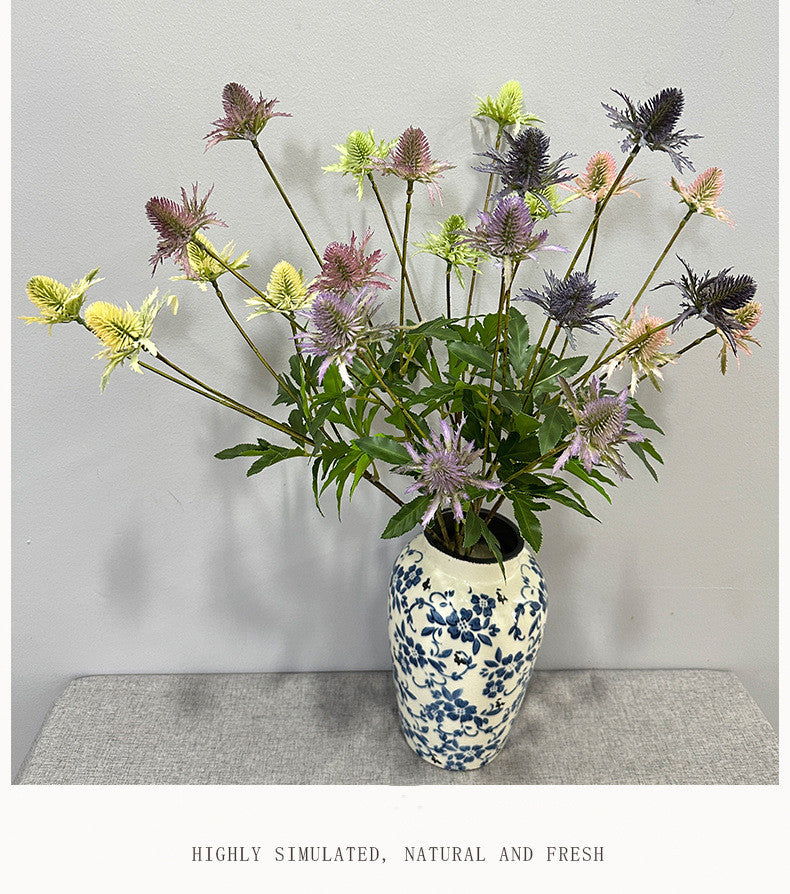 Künstliche Eryngium-Blüten, 60 cm, Ins-Stil, Kunststoff, für Hochzeiten und Wohnkultur, 4 Blütenköpfe