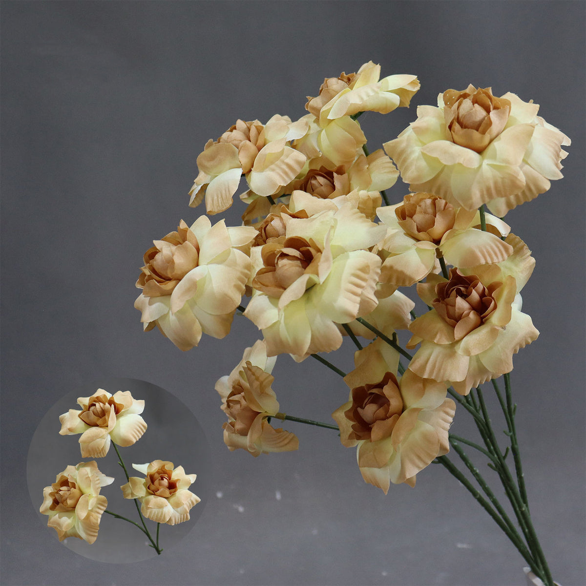 Hochzeitsdekoration, Kunstblume Blumenstrauß 'Fee-Kuss', 60 cm, Seidenstoff, 3 Blüten, 8 cm Durchmesser, für Hochzeitsdekoration, Innenbereich