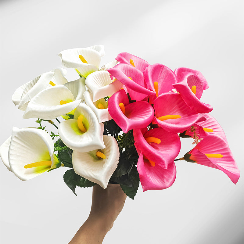 Künstliche Calla-Lilien Busstrauß, 31 cm, 7 Blüten, Seidenstoff, Hochzeit Dekoration, Innenraum, Grabschmuck, Event-Deko