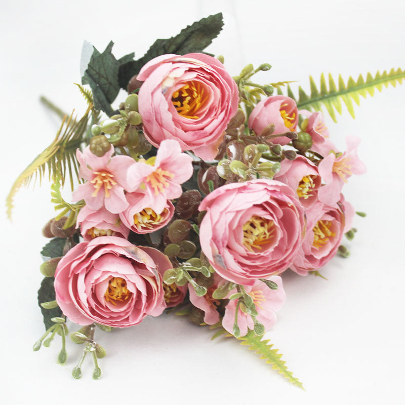 Künstliche Camellia-Blütenstrauß, 31 cm, Seidenstoff, 16 Blüten, Hochzeit Dekoration, Innenraumgestaltung, Grabschmuck