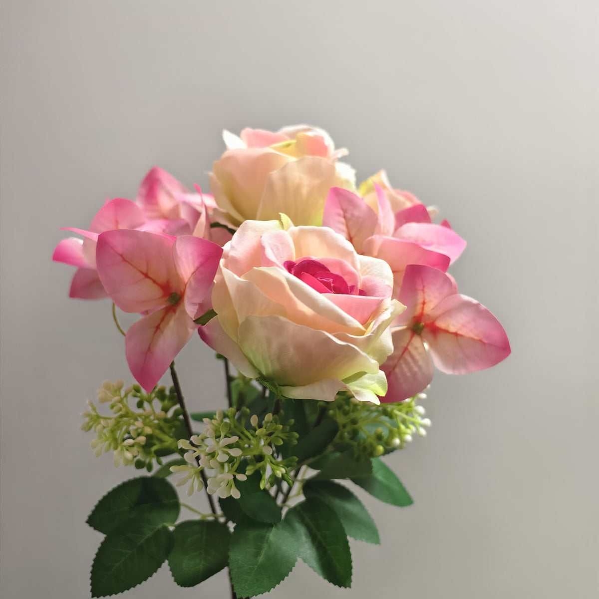 Künstliche Blumenstrauß, Rose und Bougainvillea, Pink/Champagner, 40cm, für Hochzeiten, Zuhause, Feiertage
