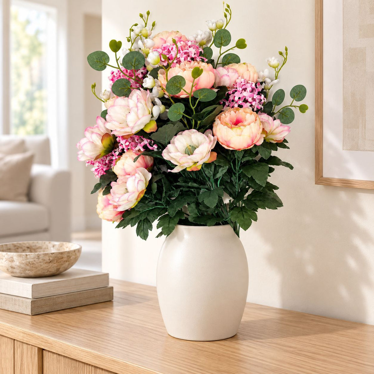24-teiliger künstlicher Pfingstrosen-Blumenstrauß, 55 cm hoch, Hochzeitsdeko, Grabschmuck, langlebig, allergenfrei