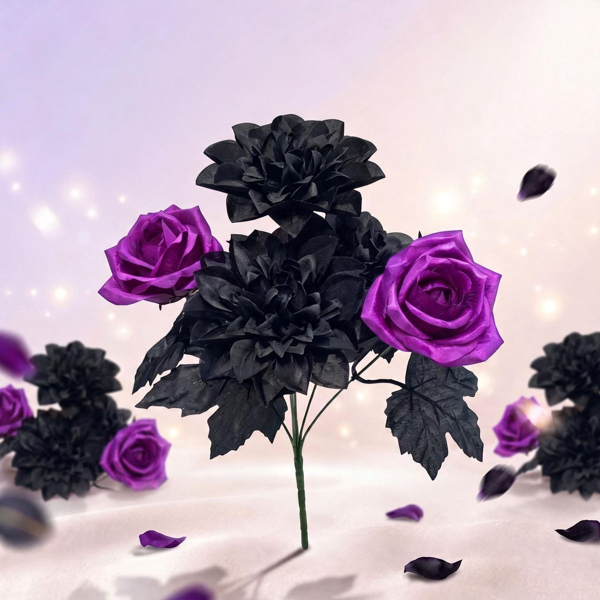 Künstliche Dahlie 'Schwarz-Violett', Seidenblumen-Busch mit 5 Blüten, 32 cm, für Hochzeit, Dekoration, Grabschmuck, Ladenausstattung