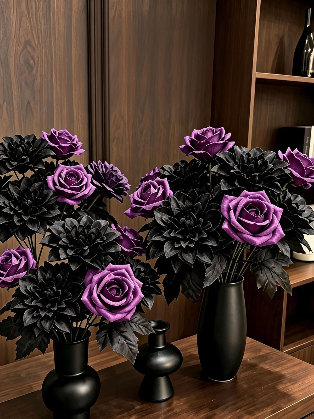 Künstliche Dahlie 'Schwarz-Violett', Seidenblumen-Busch mit 5 Blüten, 32 cm, für Hochzeit, Dekoration, Grabschmuck, Ladenausstattung