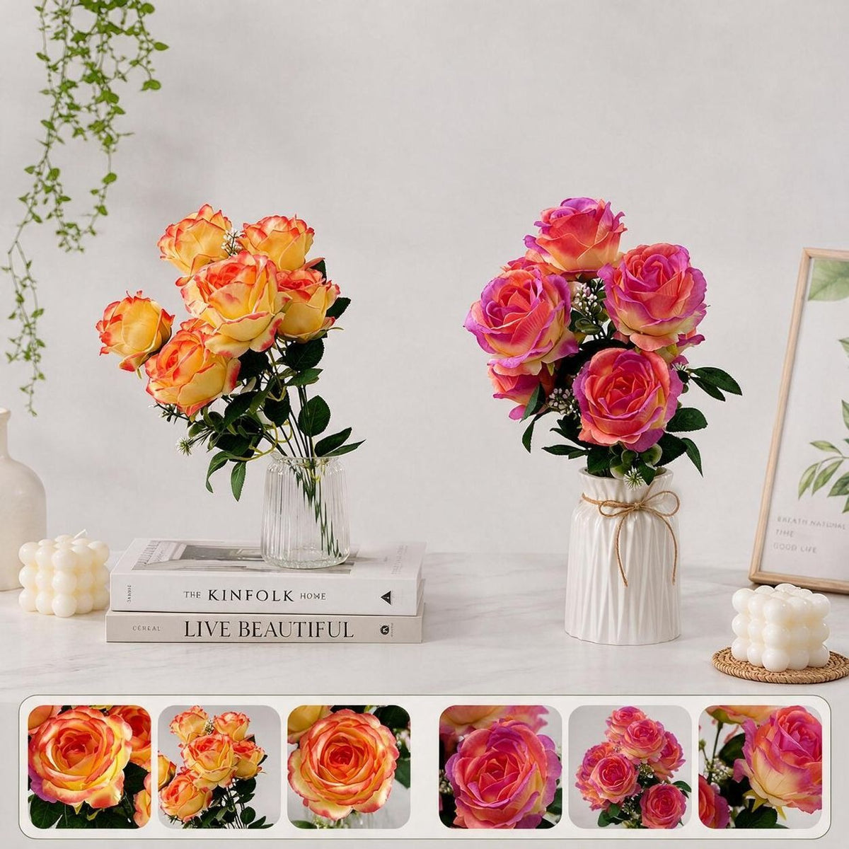 7-köpfige künstliche Seidenrose, 43 cm, Hochzeit Dekoration, Grabschmuck, Innenraum, langlebig, allergenfrei