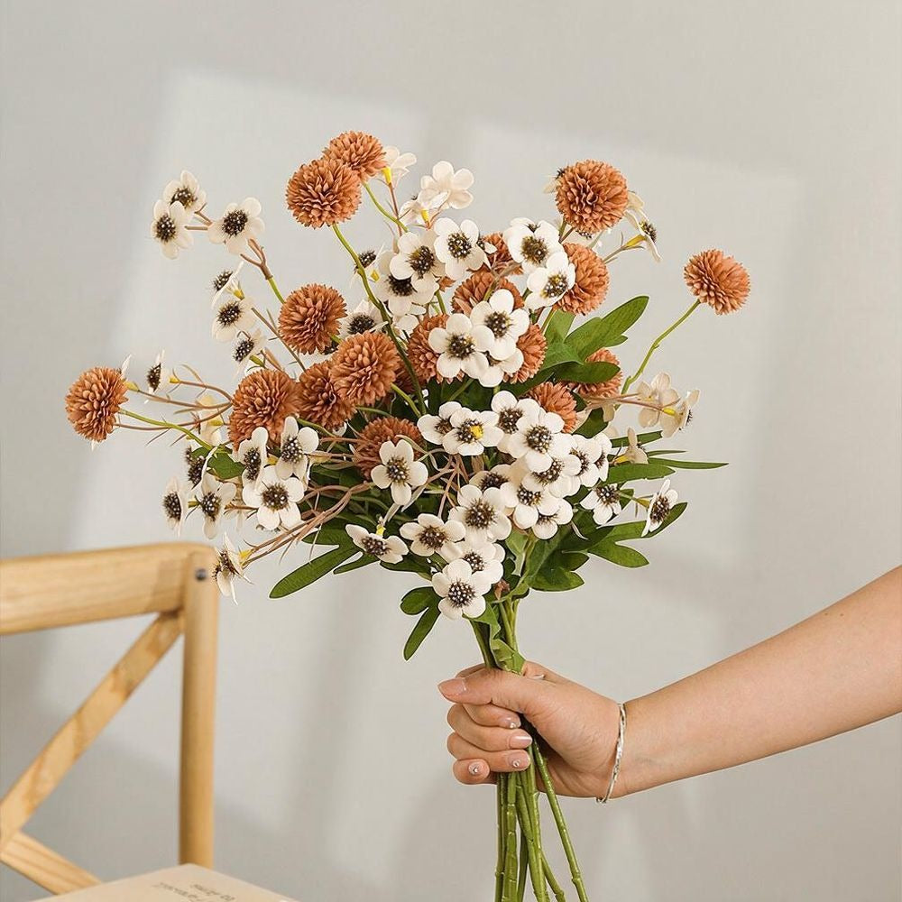 Künstliche Löwenzahn und kleine Pflaumenblüten Bouquet, 58 cm, Seidenstoff, modernes Design, für Zuhause und Hochzeiten