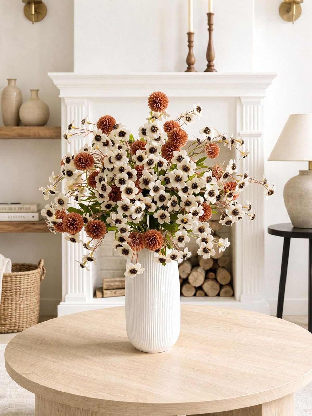 Künstliche Löwenzahn und kleine Pflaumenblüten Bouquet, 58 cm, Seidenstoff, modernes Design, für Zuhause und Hochzeiten