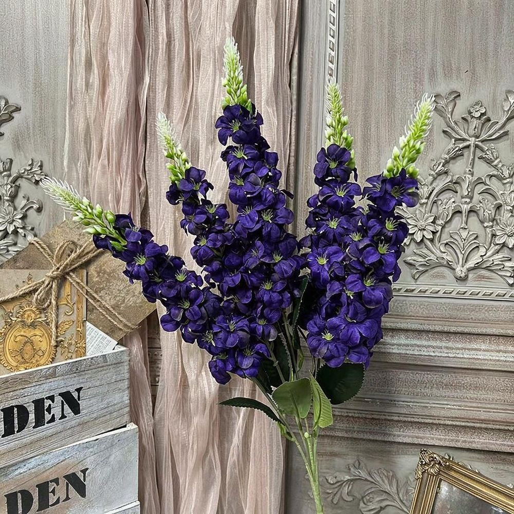 Künstliche Blumenstrauß, 57 cm, Seidenstoff, Goldgras, Rittersporn, Hyazinthe, Veilchen, Hochzeit, Innendekoration