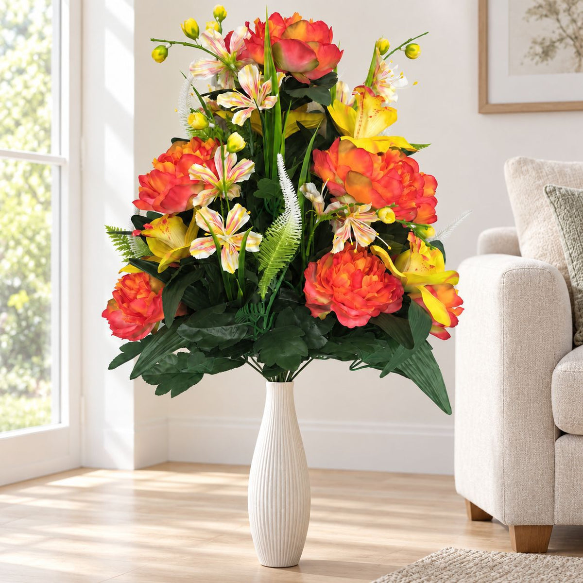 24-teiliger künstlicher Pfingstrosen-Lilien-Mix Blumenstrauß, 65 cm hoch, modern, für Hochzeit, Dekoration, Laden, Büro