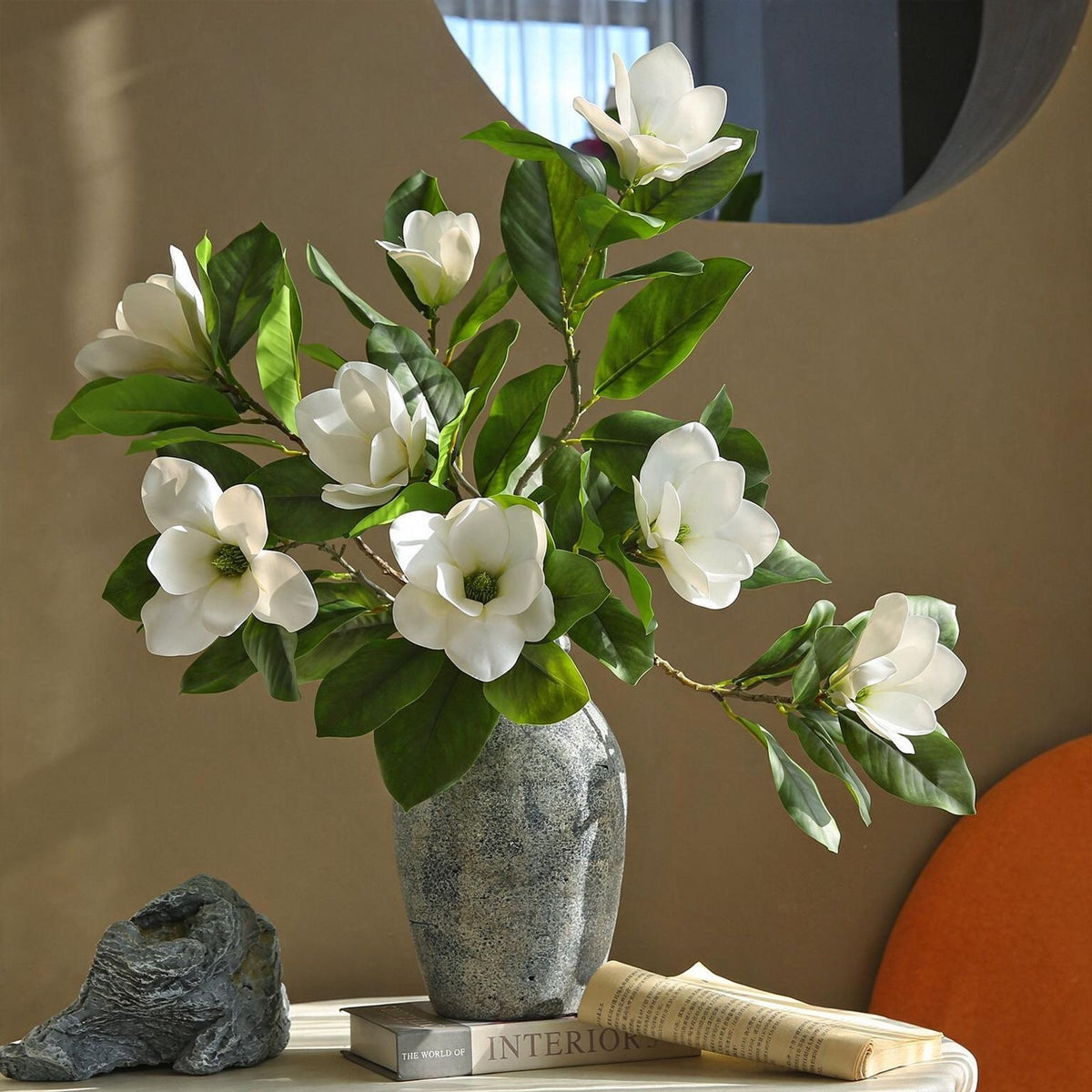 Künstliche Magnolie, 100 cm, Latex, 4 Blüten, biegsamer Stiel – Hochwertige Dekoration für Zuhause, Hotel, Event, Hochzeit, ganzjährig