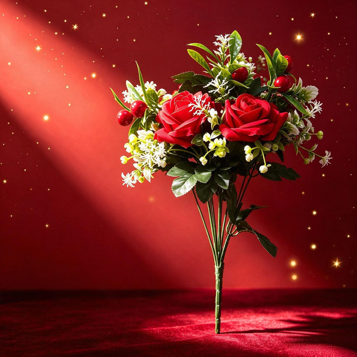 45 cm künstliche Weihnachtsrose aus Seidenstoff, 2 Blüten, rot – Dekoration für Hochzeit & Fest, langlebig, allergenfrei