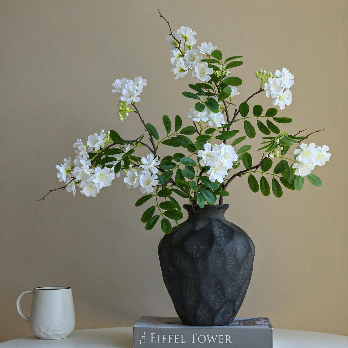 Künstliche Blume, 74 cm, Seidenstoff, Einzelstiel mit 30 Blüten, Weiß/Rosa, für Zuhause, Hotel, Schaufenster
