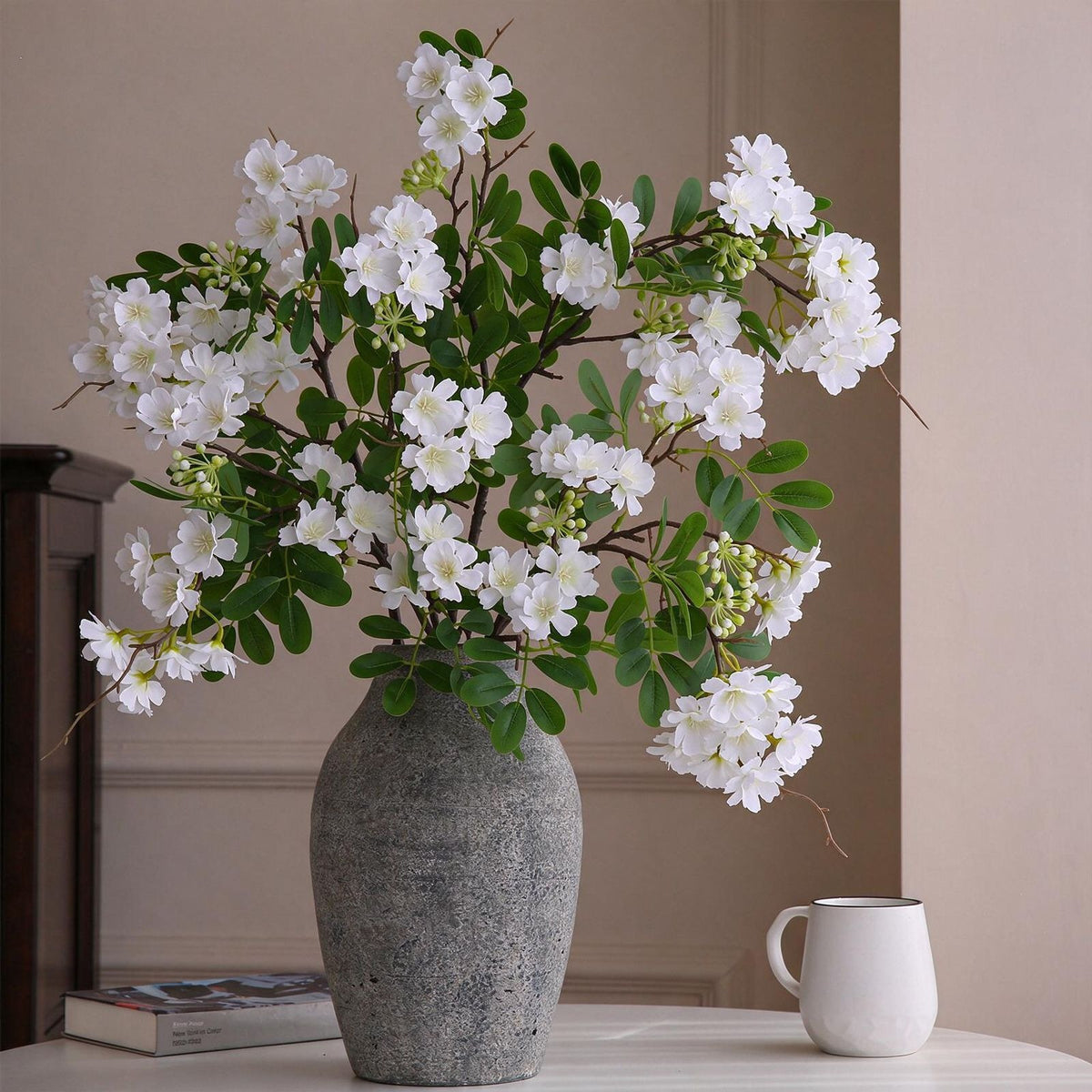 Künstliche Blume, 74 cm, Seidenstoff, Einzelstiel mit 30 Blüten, Weiß/Rosa, für Zuhause, Hotel, Schaufenster