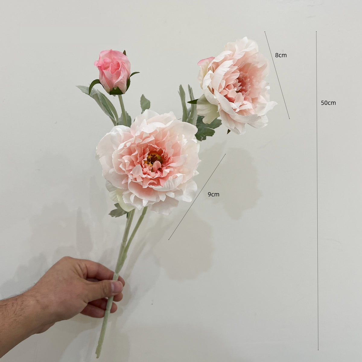 Künstliche Pfingstrose, 1 Stiel mit 3 Blüten, 50 cm hoch, Seidenstoff, für Innenraum-Deko, Hochzeit, Event, Ladenlokal
