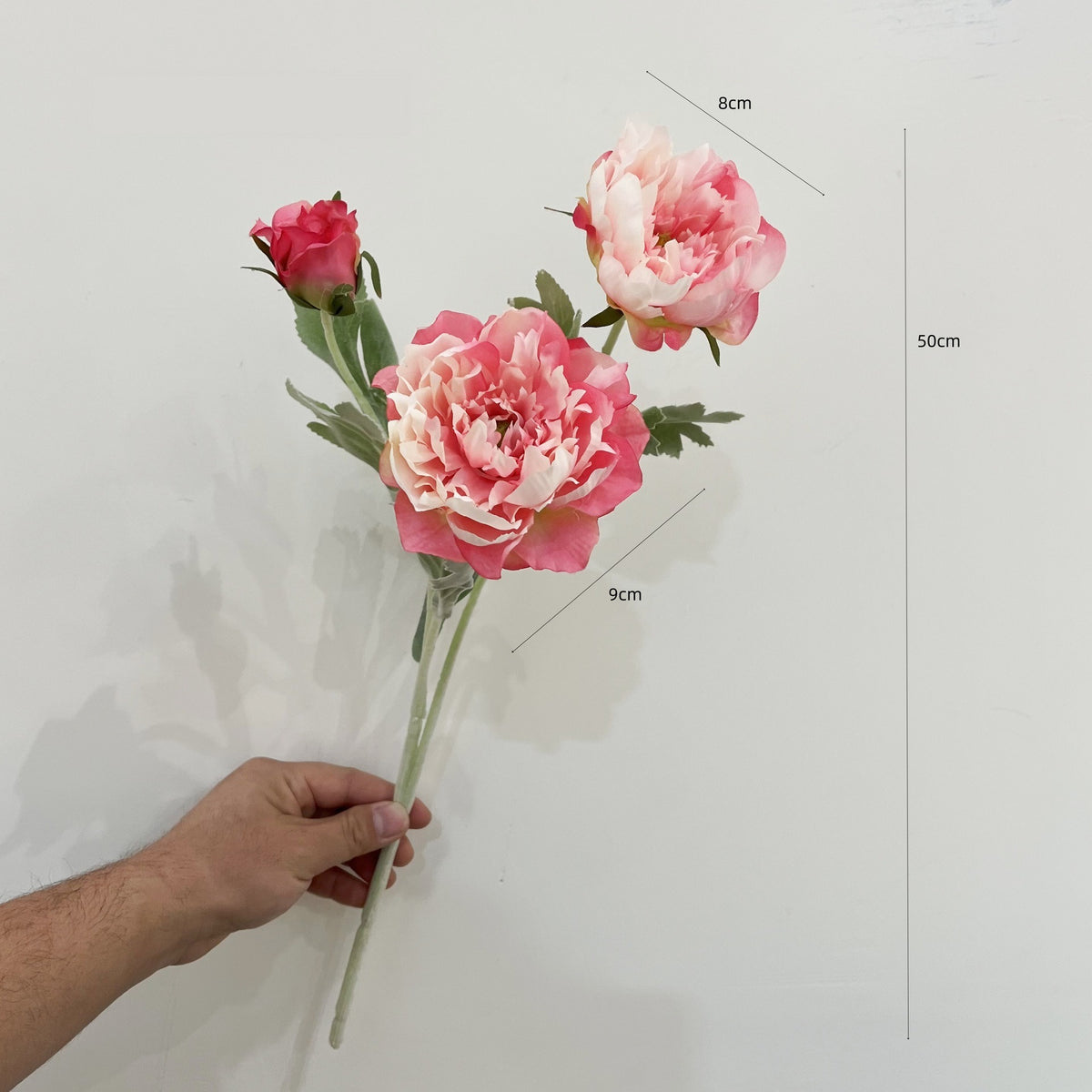 Künstliche Pfingstrose, 1 Stiel mit 3 Blüten, 50 cm hoch, Seidenstoff, für Innenraum-Deko, Hochzeit, Event, Ladenlokal