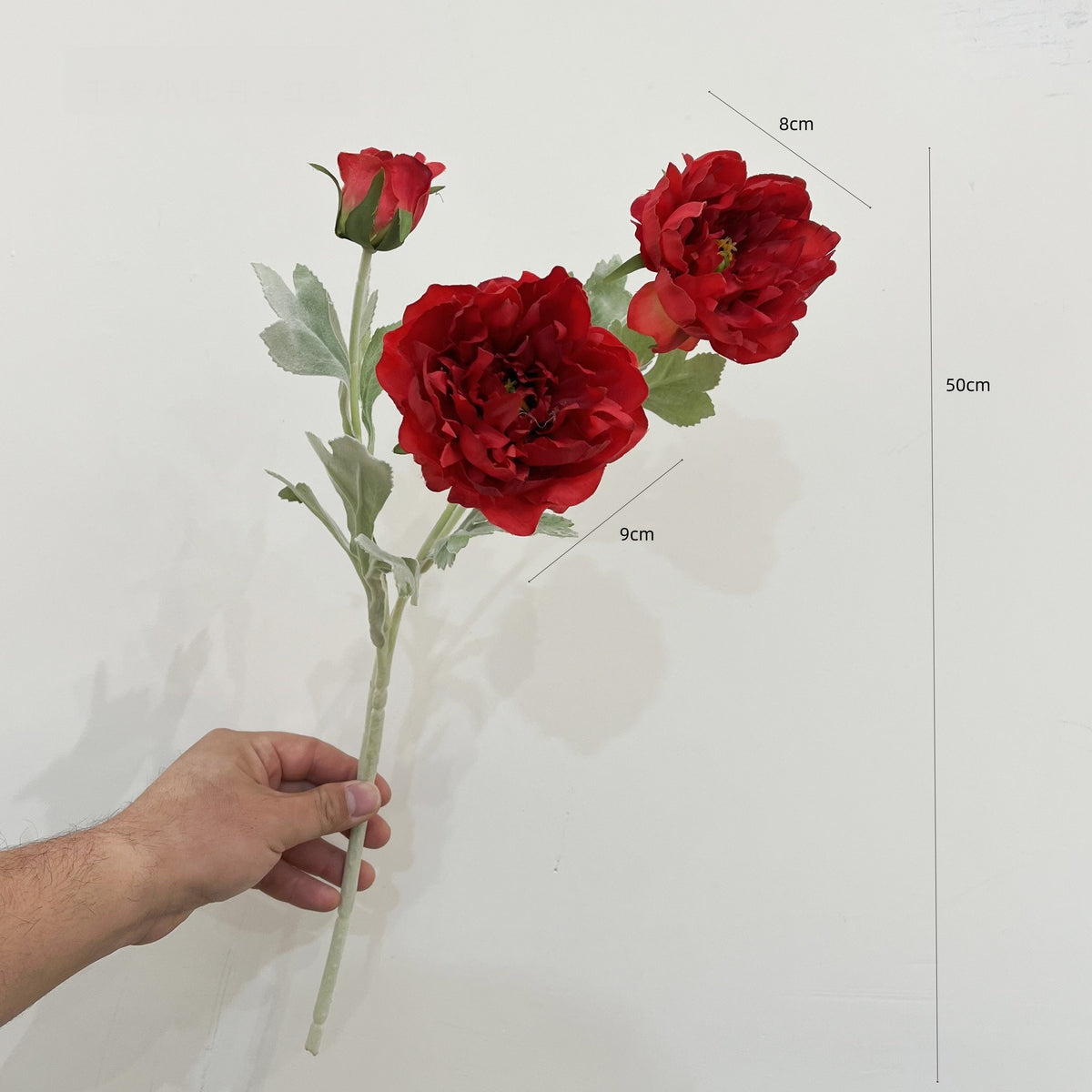 Künstliche Pfingstrose, 1 Stiel mit 3 Blüten, 50 cm hoch, Seidenstoff, für Innenraum-Deko, Hochzeit, Event, Ladenlokal
