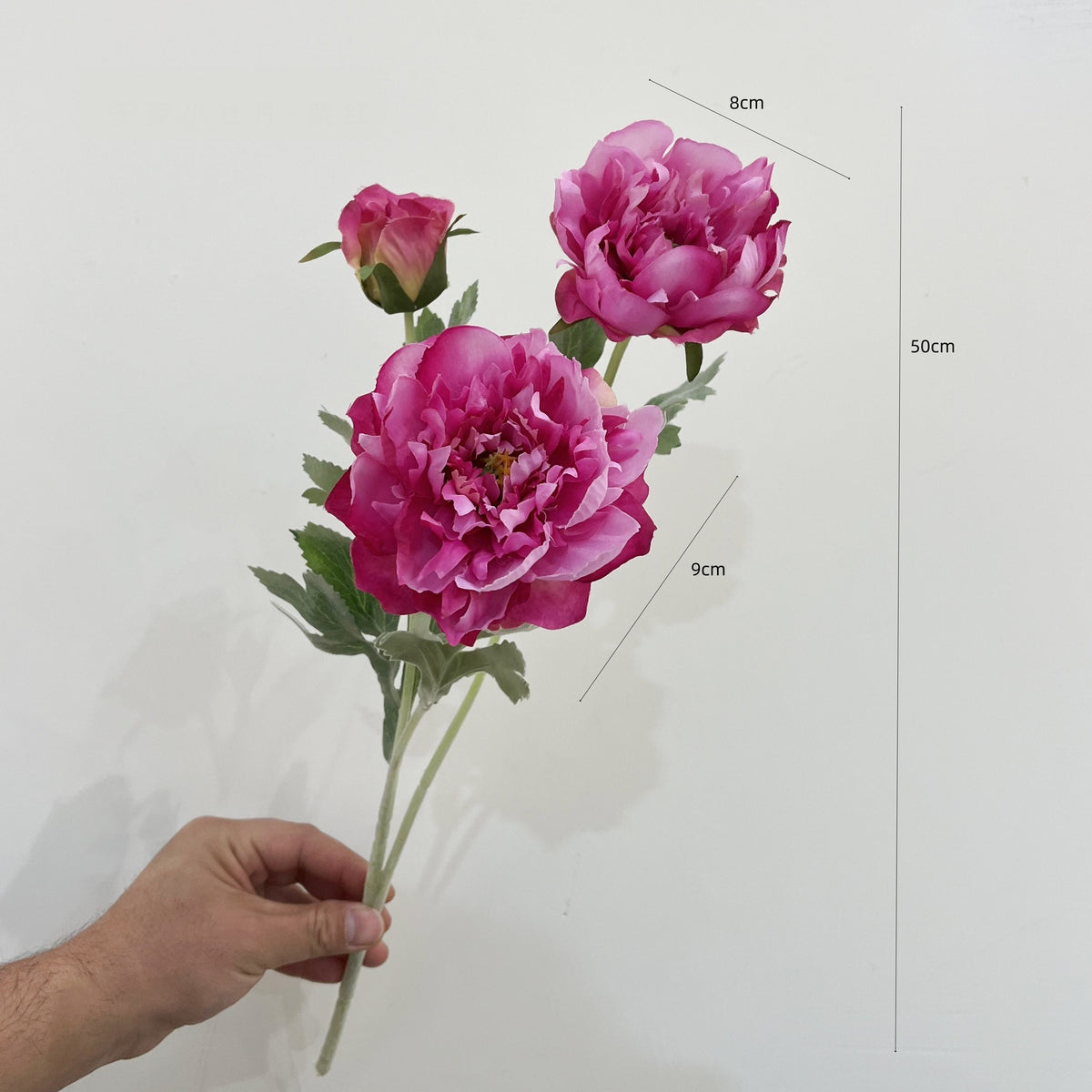 Künstliche Pfingstrose, 1 Stiel mit 3 Blüten, 50 cm hoch, Seidenstoff, für Innenraum-Deko, Hochzeit, Event, Ladenlokal
