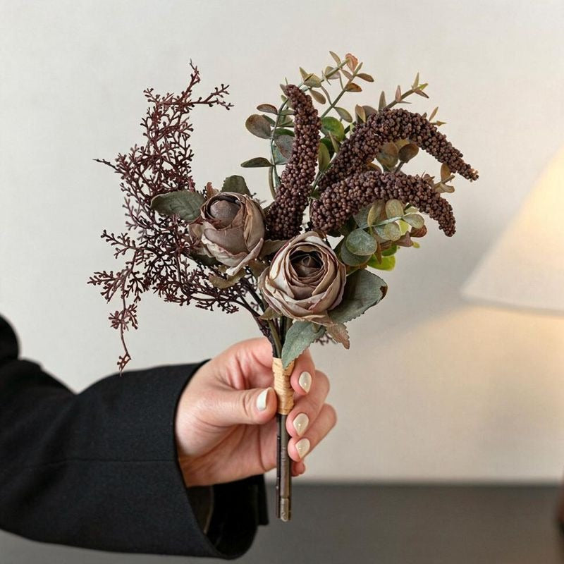 29 cm künstliche Rosen- und Eukalyptus-Blumenstrauß, modernes Bouquet für Hochzeit, Tischdeko und Wohnaccessoire