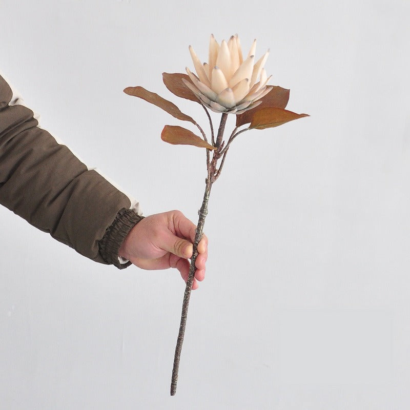 Künstliche Protea-Blüte, einzelner Stiel, 52 cm hoch, Karamellfarbe, aus Seidenstoff, für Innenräume