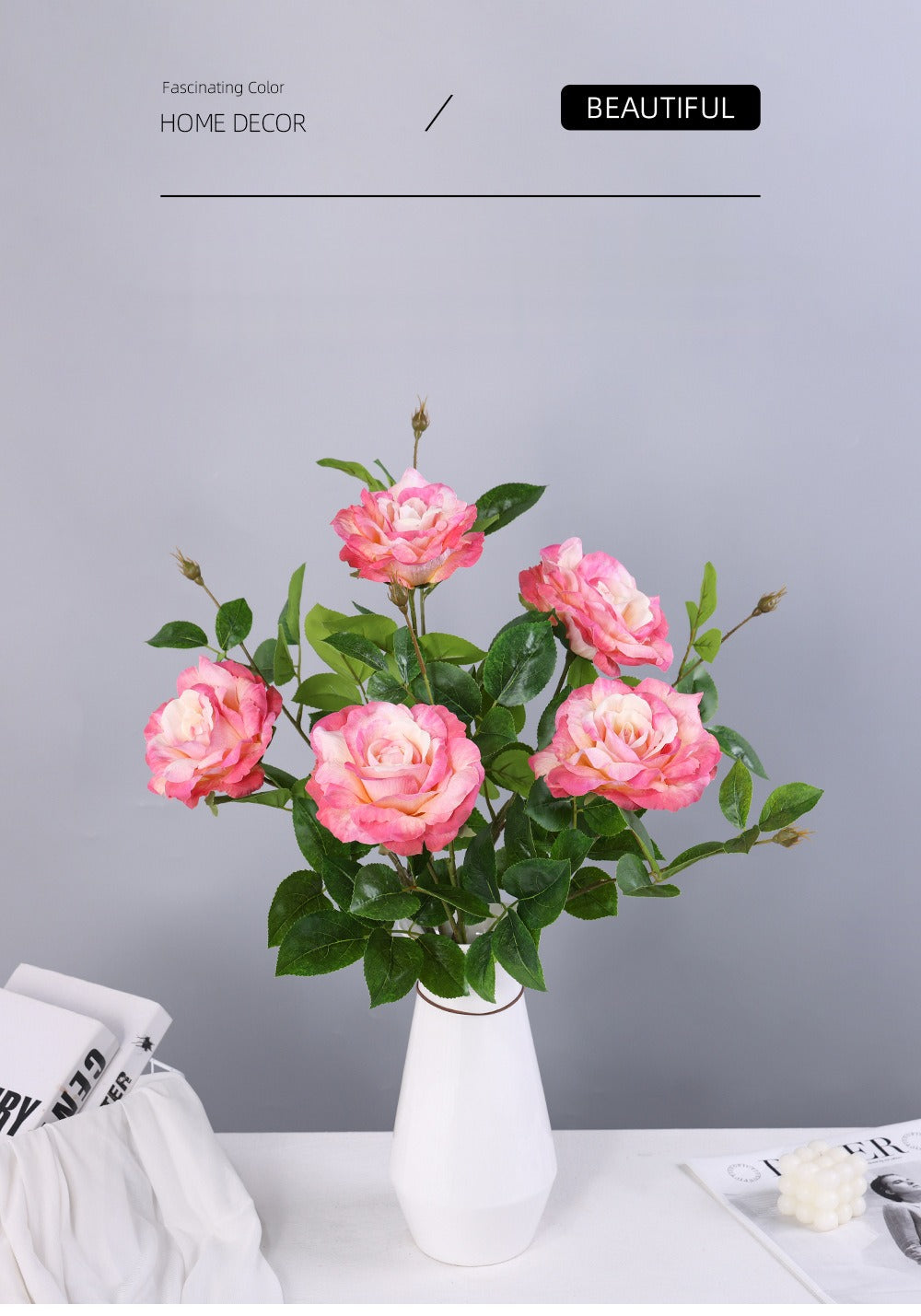 Künstliche Rose, Einzelstiel, 65 cm Höhe, 15 cm Blütendurchmesser, aus Seidenstoff, für Hochzeiten, Wohn- und Geschäftsräume