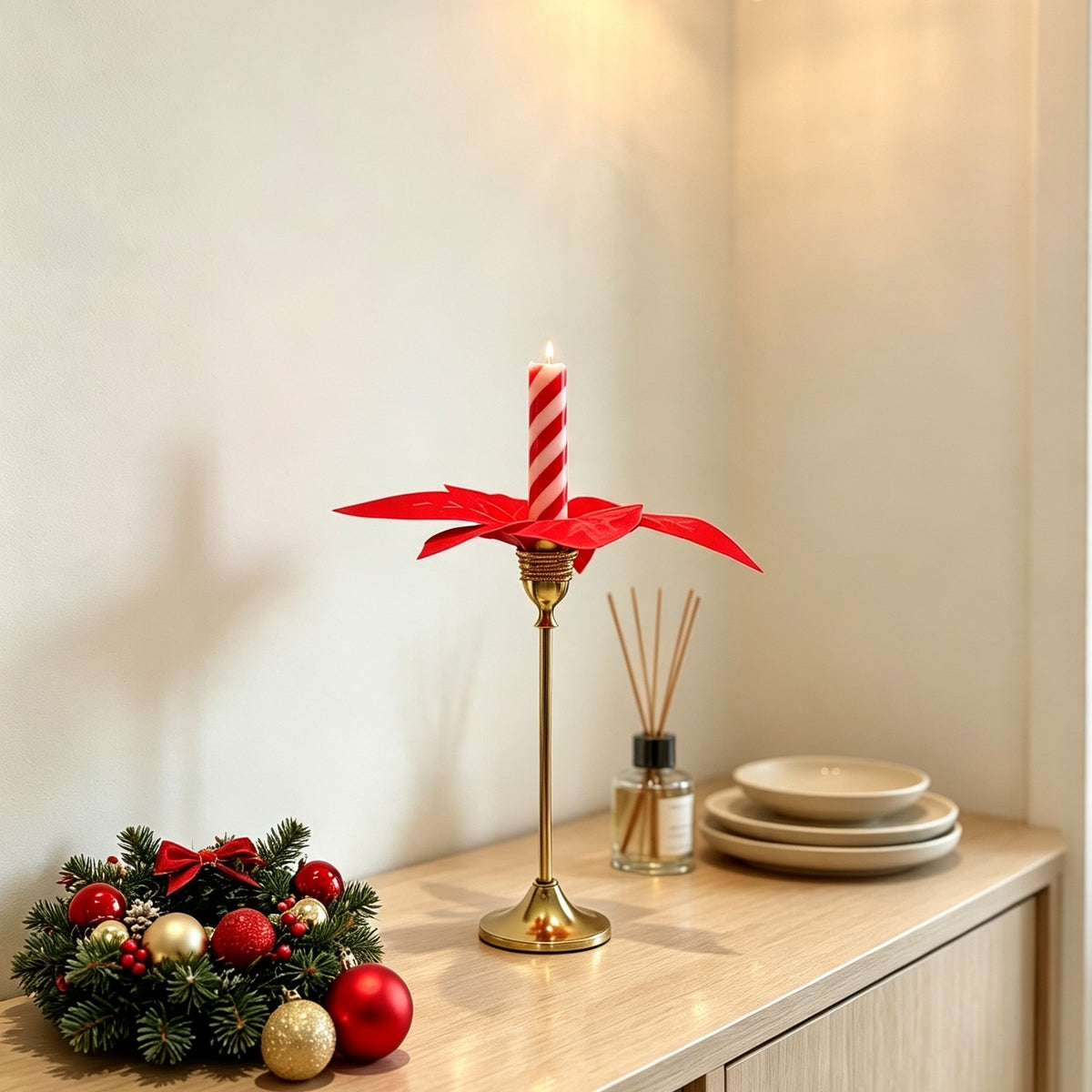 Weihnachts-Kerzenständer aus Messing mit künstlichem Weihnachtsstern, Höhe 25 cm