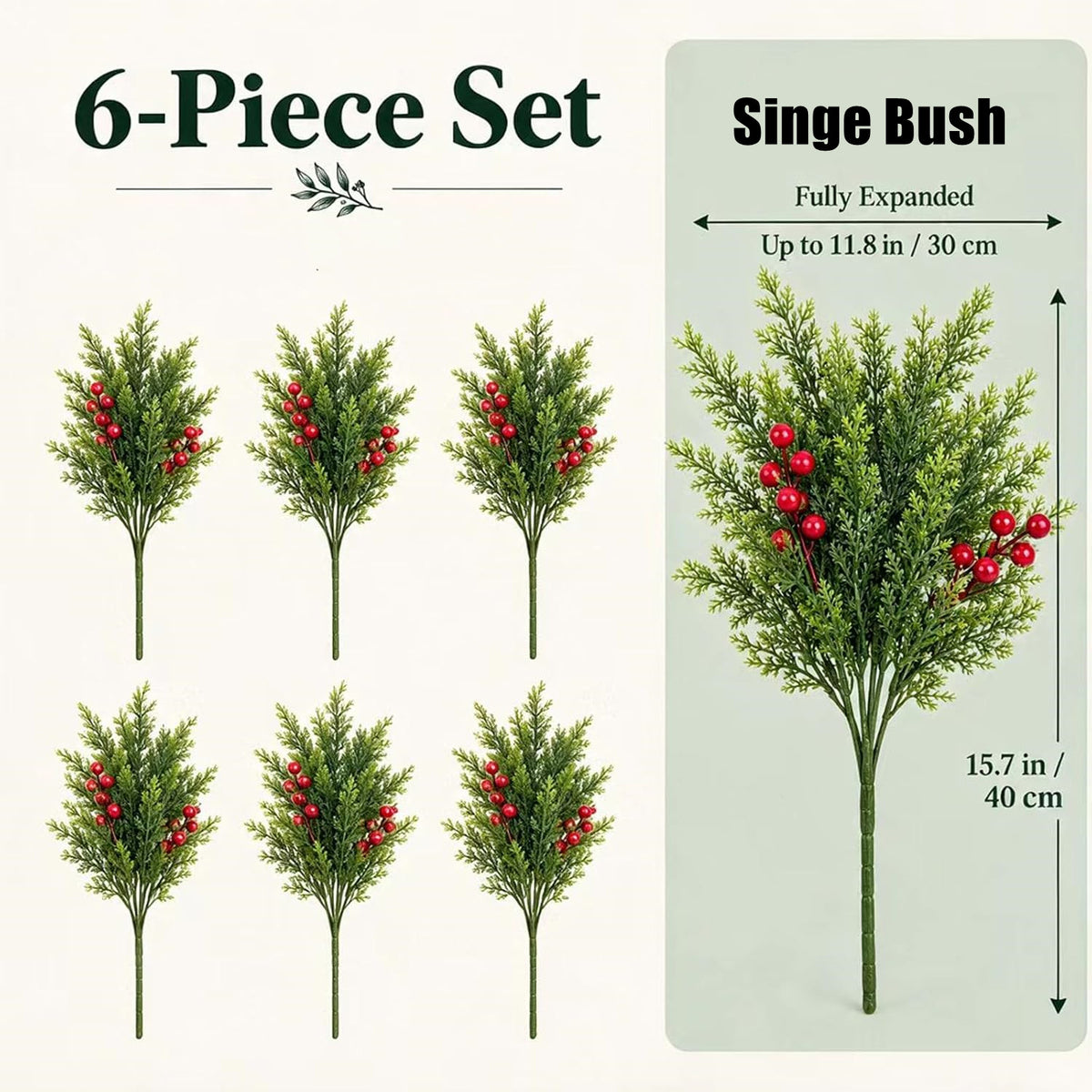 Künstlicher Weihnachtszedernzweig mit roten Beeren, 40 cm hoch, 6 verzweigte Stämme, für DIY-Dekoration und festliche Tischgestaltung