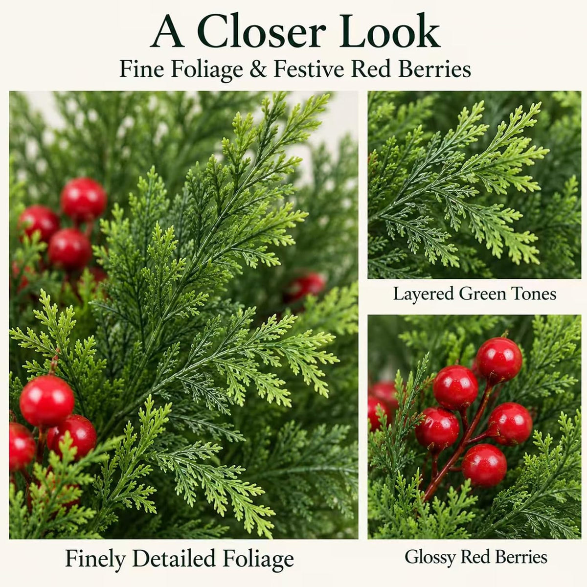 Künstlicher Weihnachtszedernzweig mit roten Beeren, 40 cm hoch, 6 verzweigte Stämme, für DIY-Dekoration und festliche Tischgestaltung