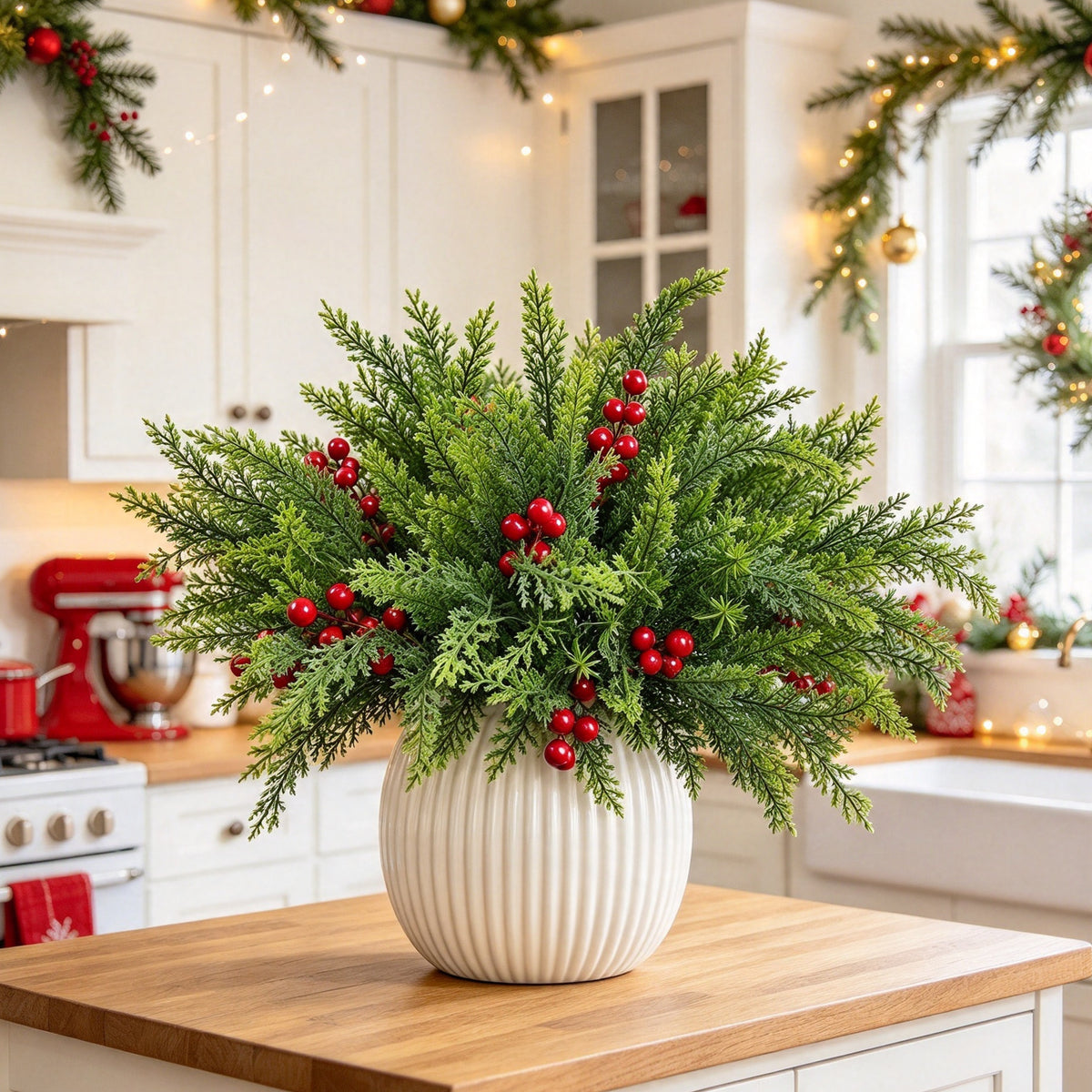 Künstlicher Weihnachtszedernzweig mit roten Beeren, 40 cm hoch, 6 verzweigte Stämme, für DIY-Dekoration und festliche Tischgestaltung