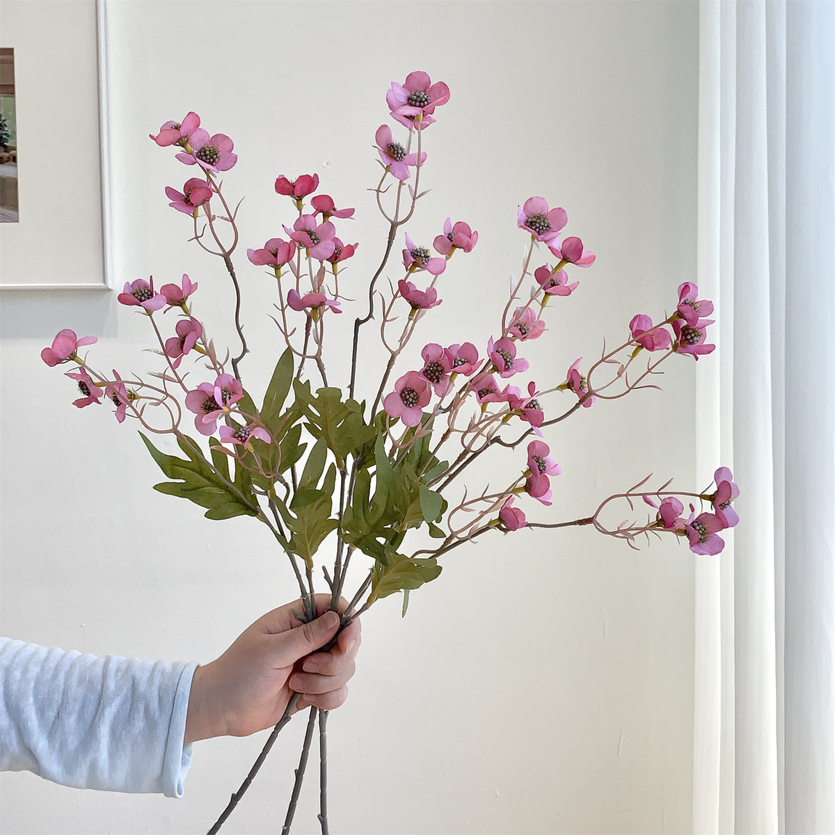 Künstliche Pflaumenblüten, 58 cm hoch, 15 Blüten pro Busch, aus Seidenstoff, retro Stil, für Innenräume